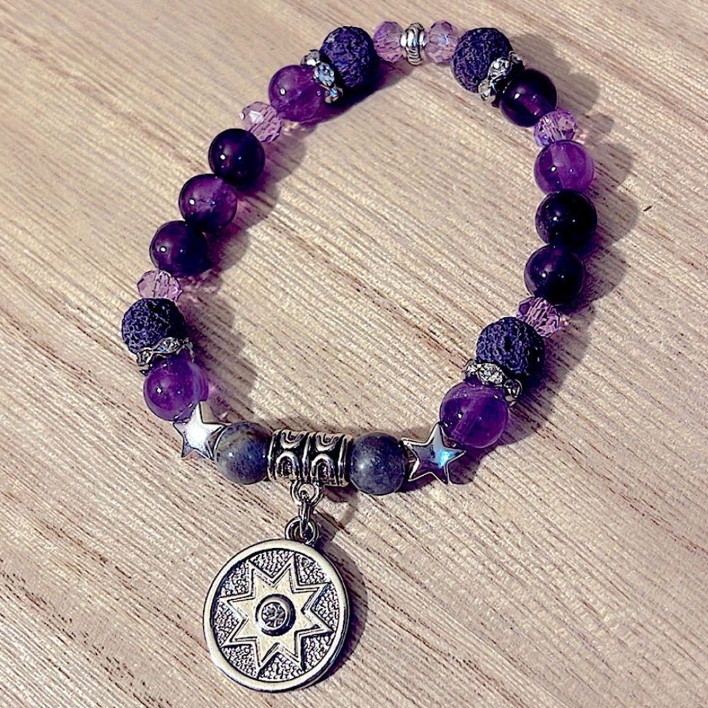 Amethyst, Flash Labradorite, Purple Lava Stone, Amulet Charm Bracelet 💜🖤🤍 - Picture 12 of 12